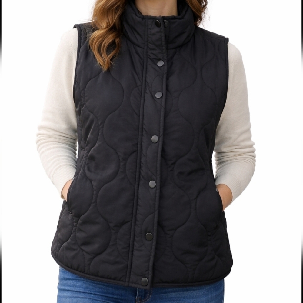 Staccato Black Quilted Puffer Vest Women Size Small Snap/zip Front Lightweight
